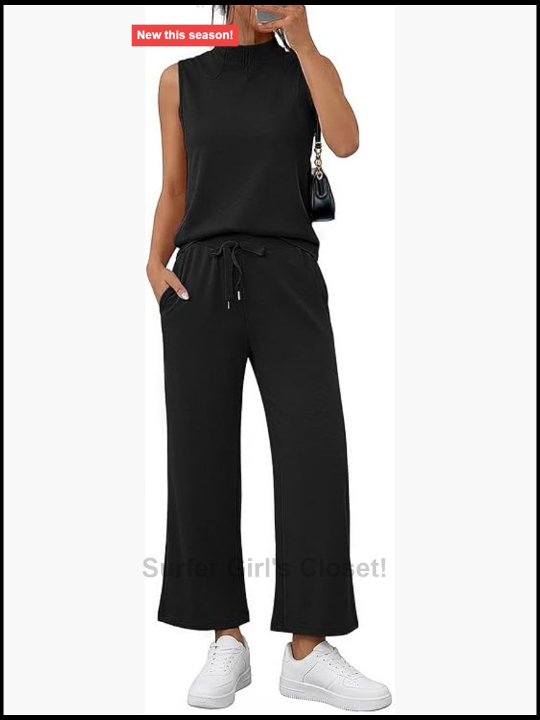 Sleeveless Mock Neck Lounge Sets Wide Leg Crop Pants Vacation Travel Outfits 2